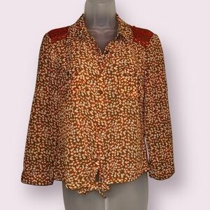 Cowgirl Floral Button Down - Semi-Sheer Orange Long Sleeve Western Style, Size M